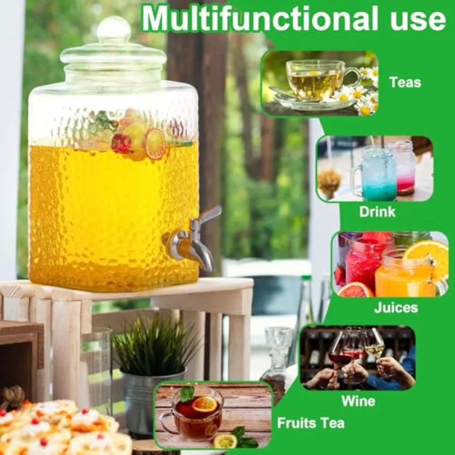 Pack. Glass Water Drink Dispenser for Party Hammered Glass Beverage Dispenser Water Jug Container with Stainless Steel Spigot f
