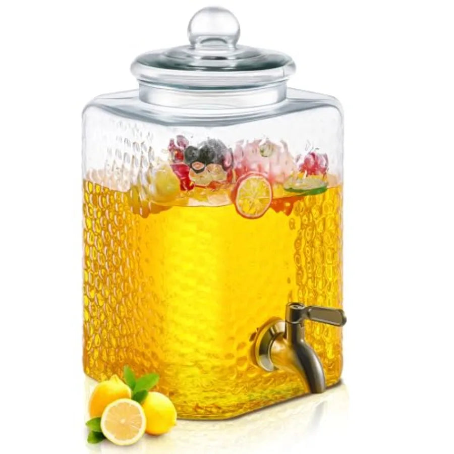 Pack. Glass Water Drink Dispenser for Party Hammered Glass Beverage Dispenser Water Jug Container with Stainless Steel Spigot f