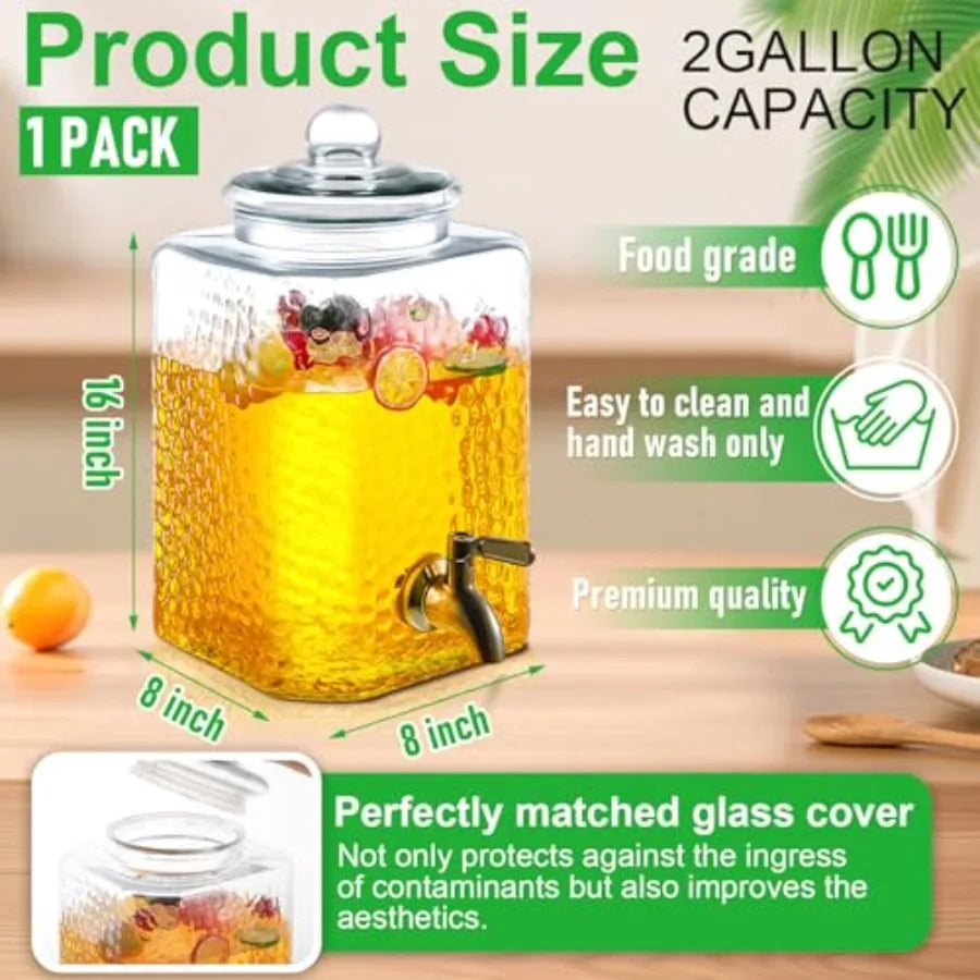 Pack. Glass Water Drink Dispenser for Party Hammered Glass Beverage Dispenser Water Jug Container with Stainless Steel Spigot f