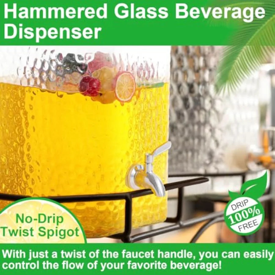 Pack. Glass Water Drink Dispenser for Party Hammered Glass Beverage Dispenser Water Jug Container with Stainless Steel Spigot f