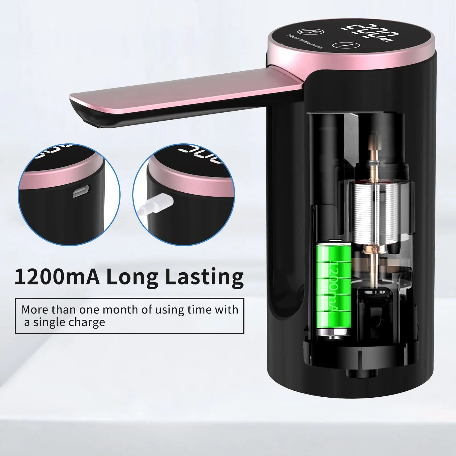 Water Dispenser for 2-5 Gallon Bottle, LED Display Touch Button 3 Quantitative Drinking Water Pump,Type C Charging Water Pump
