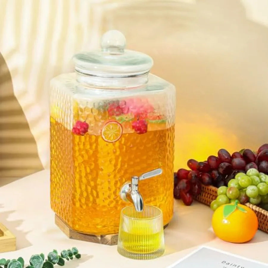 Pack. Glass Water Drink Dispenser for Party Hammered Glass Beverage Dispenser Water Jug Container with Stainless Steel Spigot f