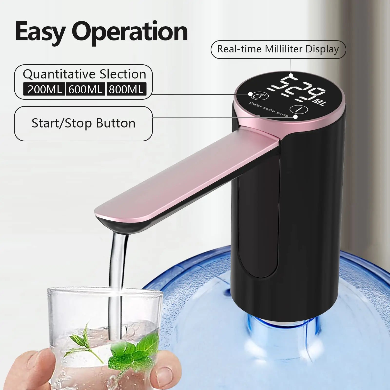 Water Dispenser for 2-5 Gallon Bottle, LED Display Touch Button 3 Quantitative Drinking Water Pump,Type C Charging Water Pump